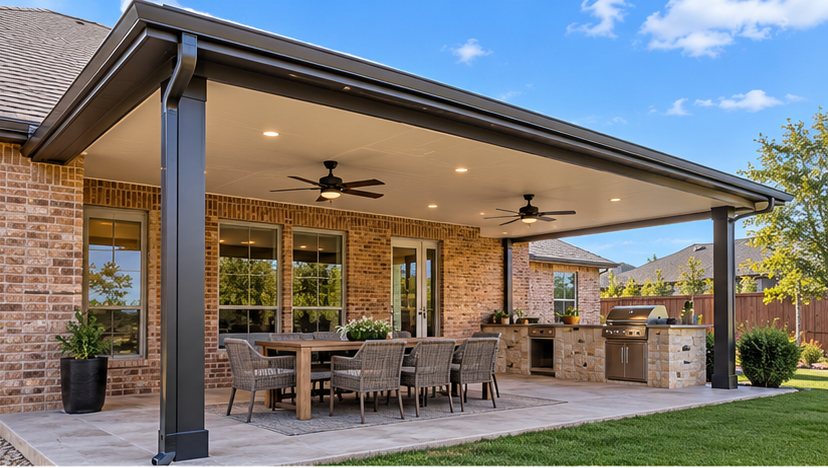 Insulated patio cover with ceiling fans and recessed lights over a dining area and outdoor kitchen