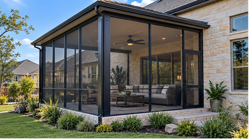 Screened patio enclosure with dark bronze frames on a limestone home, outdoor sofa and ceiling fan inside