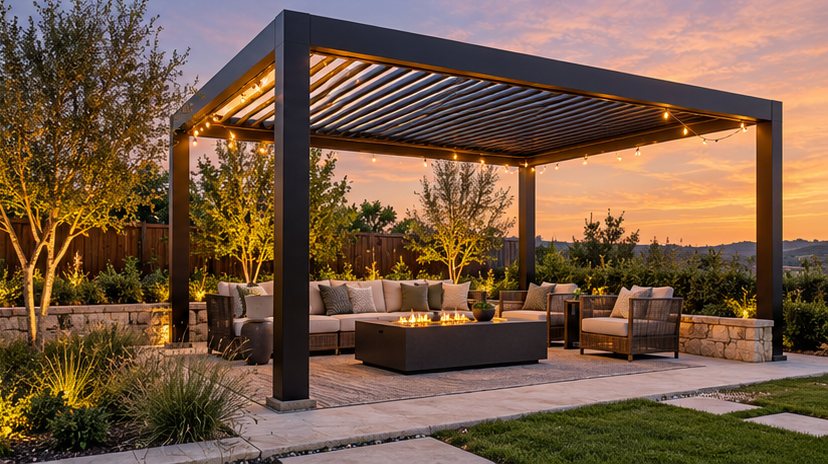 Modern louvered pergola with string lights over a fire-pit lounge at dusk