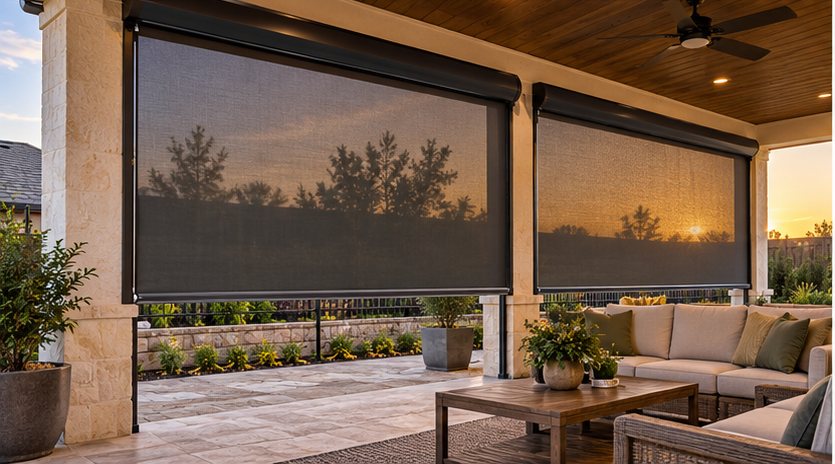 Motorized outdoor roller shades lowered on a covered patio at sunset